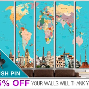 Colorful Push Pin World Map Poster Original Gift for Traveler World Map on Blue Wall Hanging Decor for Living Room image 4