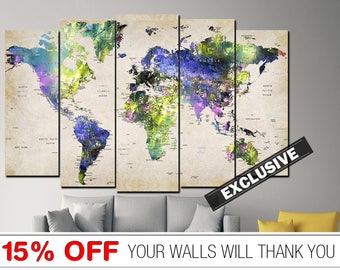 Colorful World Map Large Multi Panel Print On Canvas Colorful World Map On Biege Poster for Living Room Decor