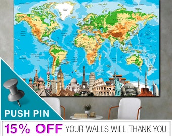 Push Pin World Map Push Pin Wall Art Travel Map Geography Multi Panel Canvas Print Wanderlust Wall Hanging Decor for Home or Office