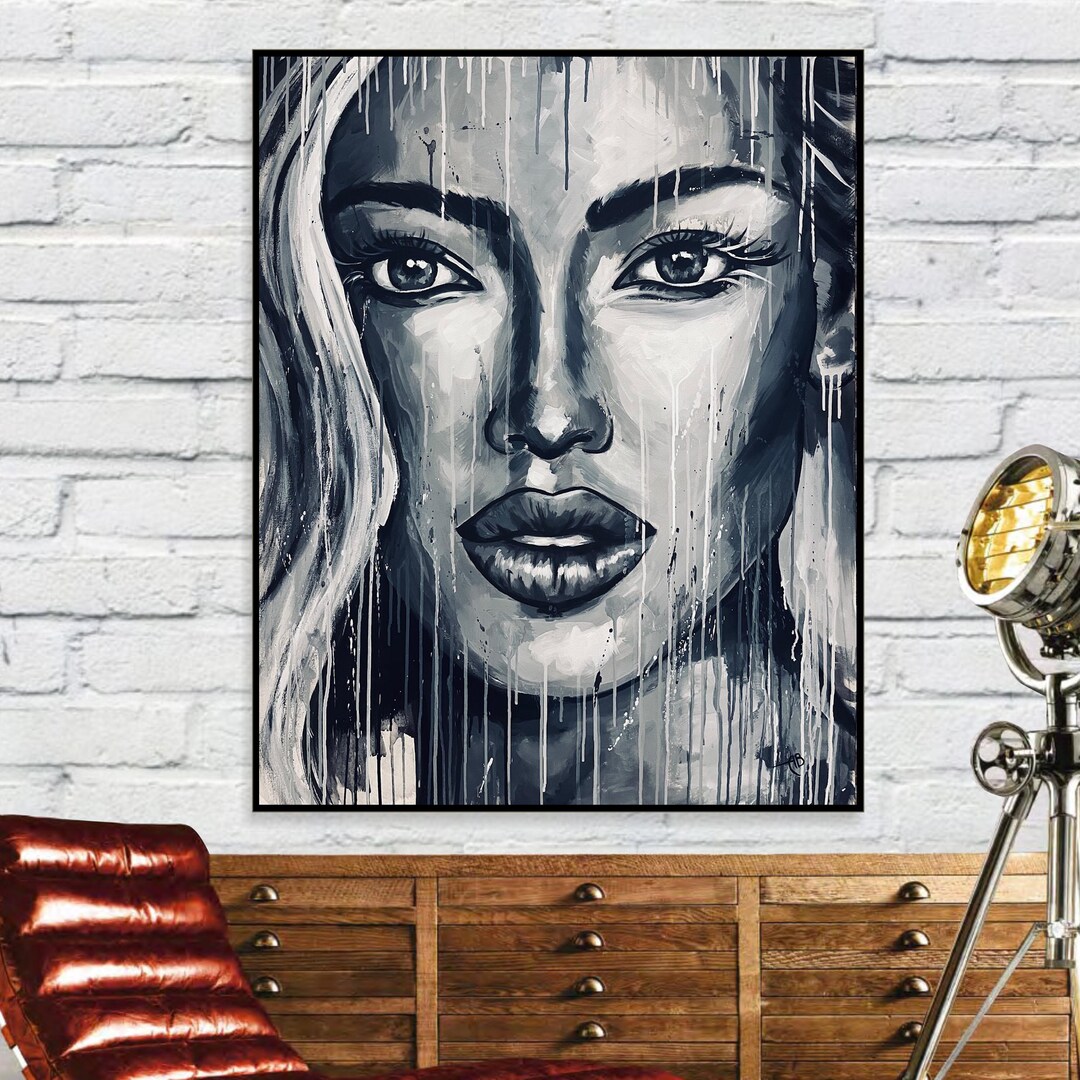 Abstract Woman Portrait Painting Original Black and White Drip Effect ...