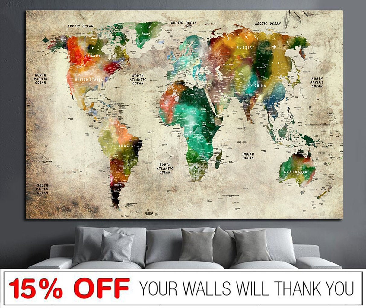 Wall Décor World Map Canvas Art Push Pin World Map Brown Print On Beige
