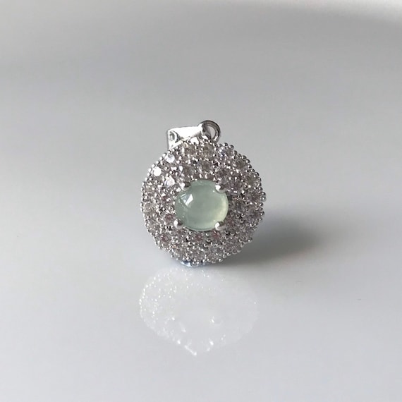 Translucent jade Pendant with 925 silver and cubic zirconia - Natural Grade A Burmese Jadeite Authentic White and Green Icy Jade Pendant
