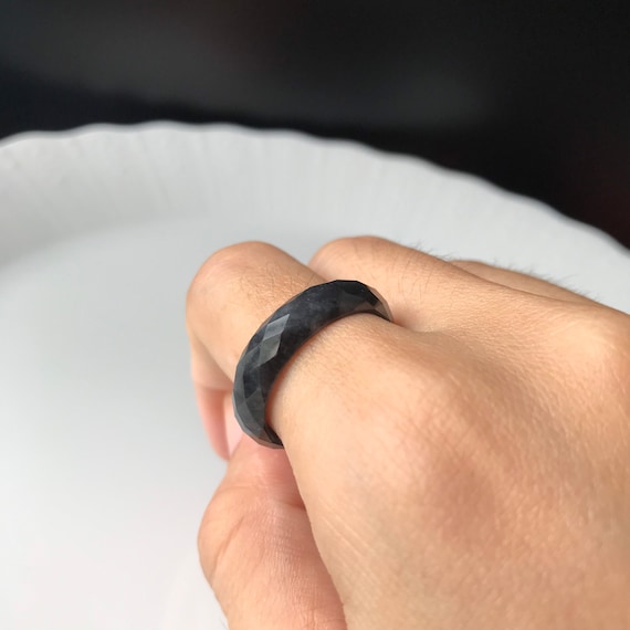 Jade ring US9.3 Type A Burmese Jade sparkle faceted band Ring Untreated Authentic Translucent Black Chicken Variety Jadeite Grade A ring