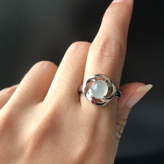 Natural ICY Jade Ring Adjustable - Type A Burma Icy Jadeite Cabochon with 925 Silver