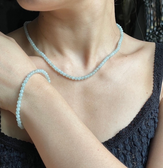 Translucent Jade Mother's Day Gift Set Bead Necklace Bracelet Set - Genuine Authentic Natural Myanmar Jadeite Jade Grade A 4mm beads