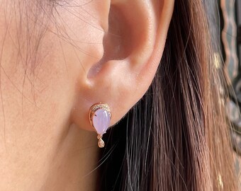 Lavender Jade Earrings 18K solid gold - Water droplets stud earrings Natural Fine Jade  Cabochon Earrings - Grade A Burmese jadeite