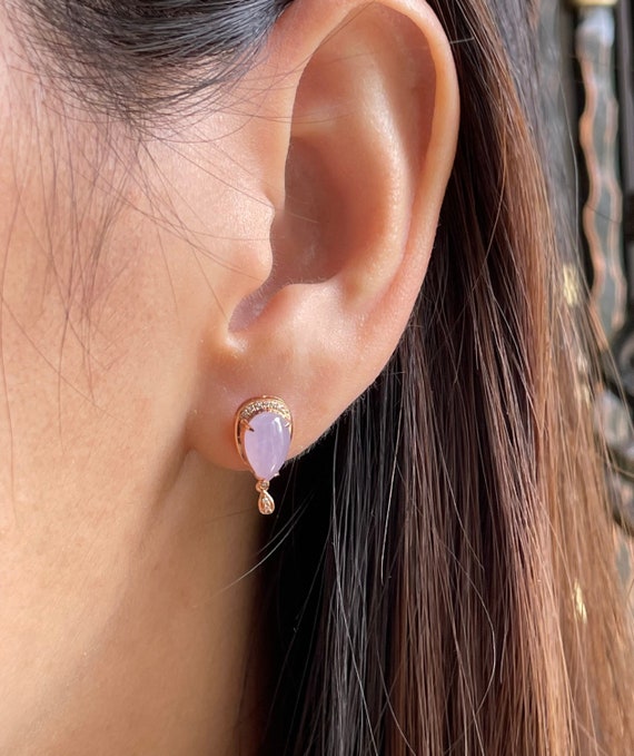 Lavender Jade Earrings 18K solid gold - Water droplets stud earrings Natural Fine Jade  Cabochon Earrings - Grade A Burmese jadeite