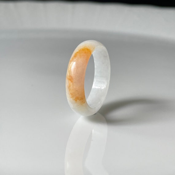 US7.75 Myanmar Jadeite Ring Translucent White with Rare Orange Bicolor Natural Jade Type A band ring