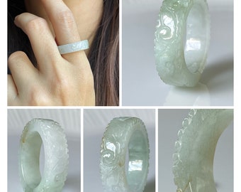 Jade Ring US7.25 Authentic Burmese Jadeite Type A Natural Jadeite Floral Curving Ring