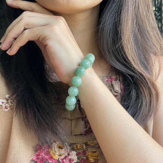 13mm Green Jade bead bracelet- Natural Type A Burmese Jadeite Translucent Green Jade bracelet