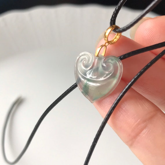 Jade Pendant 18K solid gold bail- Authentic Burmese Type A Jadeite Translucent Icy Green with Floated floral  Icy Jade Pendant Ruyi Heart