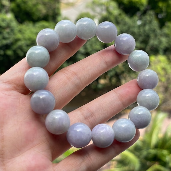Untreated Jade bracelet unisex wearable- 13mm Natural Type A Burma Jadeite Rare Snowy Lavender Authentic Jade Bead