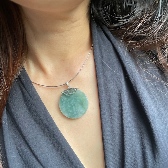 Natural Jadeite Pendant - Grade A Translucent Natural Burmese Snow Jadeite 925 Silver Jewelry Pendant Jade Disc Pendant Big Jade Pendant