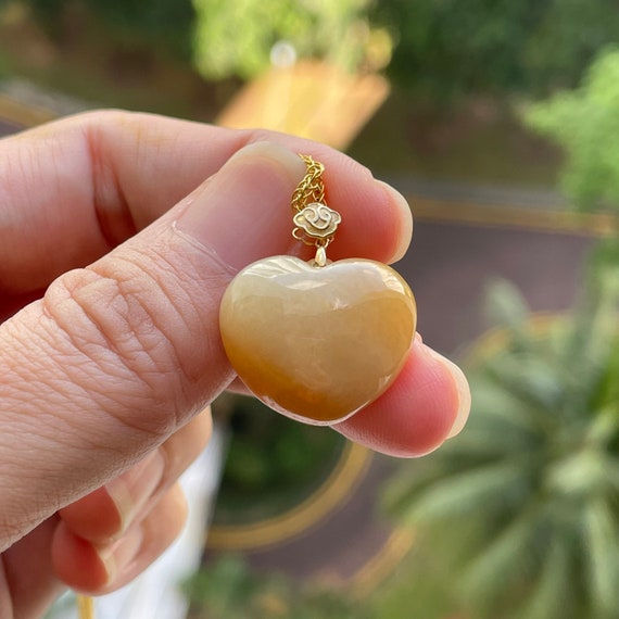 Natural Yellow Jadeite Pendant 18K Gold Bail  - Myanmar Authentic Jadeite Type A Burma Jadeite Grade A Yellow Jade Pendant Heart Jade