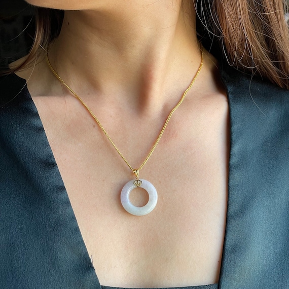 Jade Pendant 18K gold White Lilac Jadeite - Authentic Natural Type A Burmese Jadeite Donut Pendant Untreated Lilac Jade Pendant