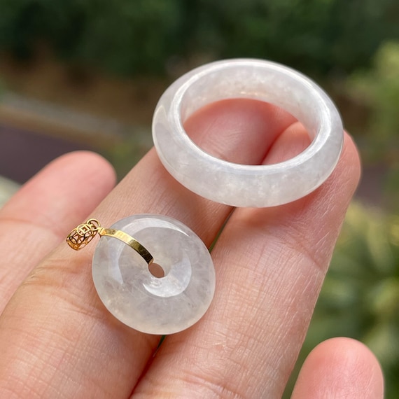 Jade Pendant Ring Set 18K gold clasp & Solid Jade Band Ring Set Authentic Myanmar White Translucent Grade A Jade