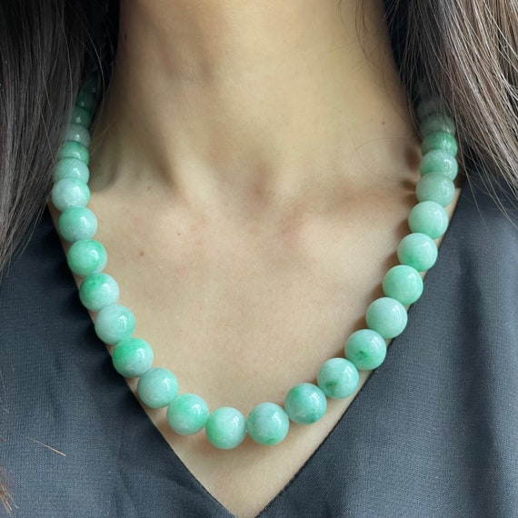 Mother's Day Gift Beautiful Natural Burmese Jade Bead Necklace - Genuine Authentic Natural Myanmar Jadeite Jade Grade A 12mm Green beads