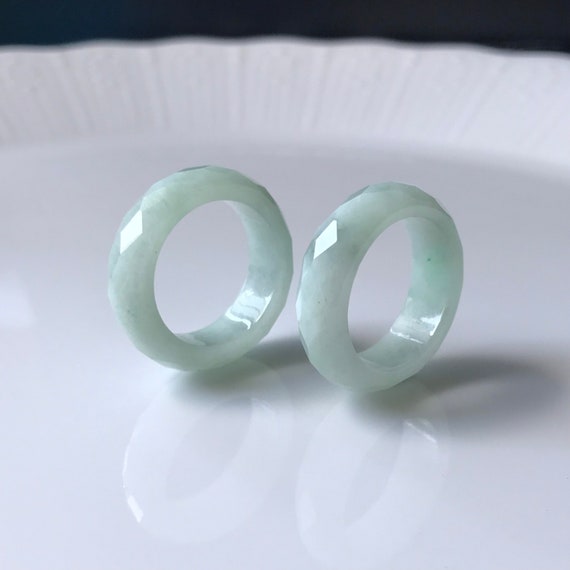 TWIN Jadeite Rings US6.25 & 6.5 Type A Burmese Jade sparkle faceted band Ring Untreated Authentic Translucent Milky Green Grade A Jadeite