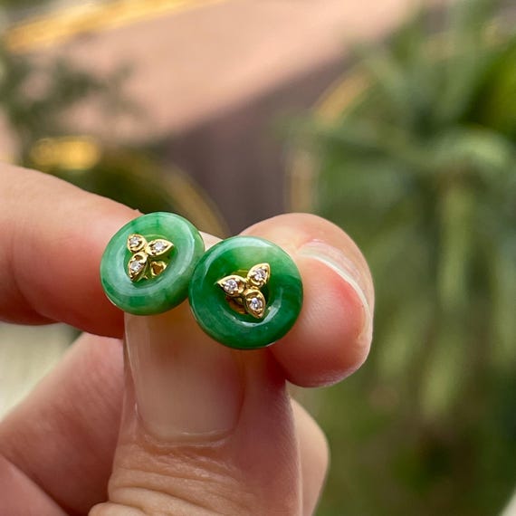Jade Earrings - Untreated BURMESE Natural Authentic Jadeite Type A stud earrings 18K Gold Jade Earrings