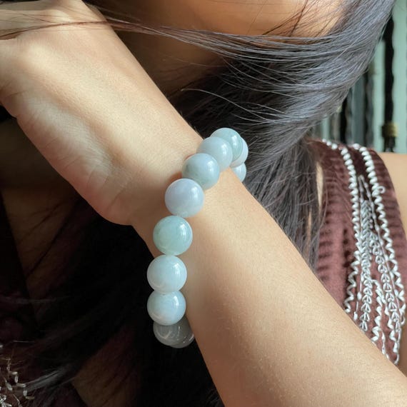 Jade bead bracelet - Genuine Burmese jade Grade A  white and soft green 13mm beads