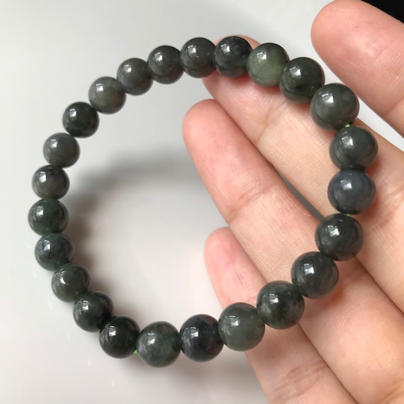 Natural Jade Bracelet 7mm bead - Genuine Natural BURMESE Jadeite Very Dark Grey Type A Black Chicken Variety Jade Bead Bracelet