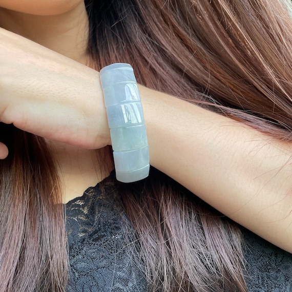 Jade Bangle Bracelet Limited Edition Hand Carved- Natural Type A Burma Jadeite Translucent Bluish Yam Jadeite plates Bracelet