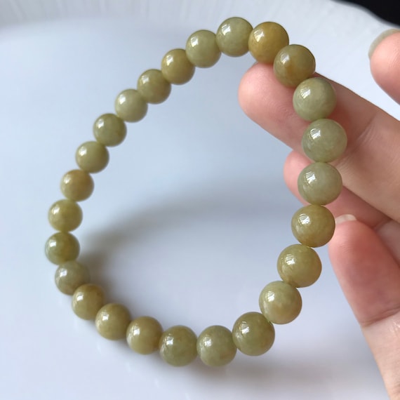 Jade bead bracelet Hazel Wood Yellow 7.5mm bead - Natural Type A Burmese Jadeite Semi-Translucent Light Greenish Brown Jade Bead Bracelet