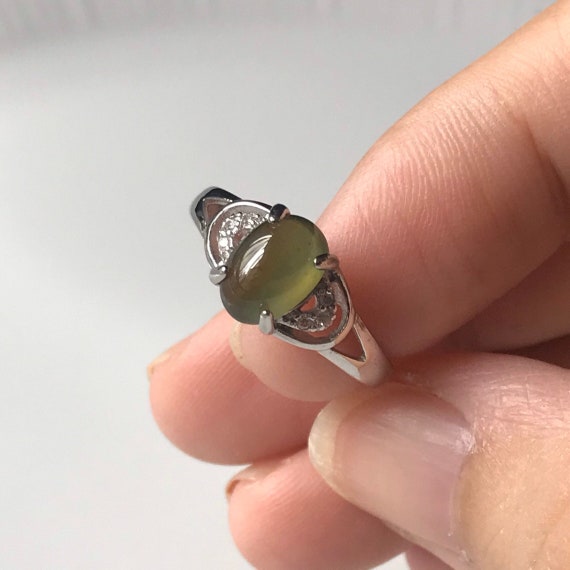 Natural Jadeite  Olive Green Adjustable Silver Ring - Grade A Fine Quality Jadeite Cabochon Rare Color 925 Silver