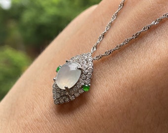Icy Jade Pendant – 925 Silver, Burmese Jadeite & Zirconia High translucent fine jadeite