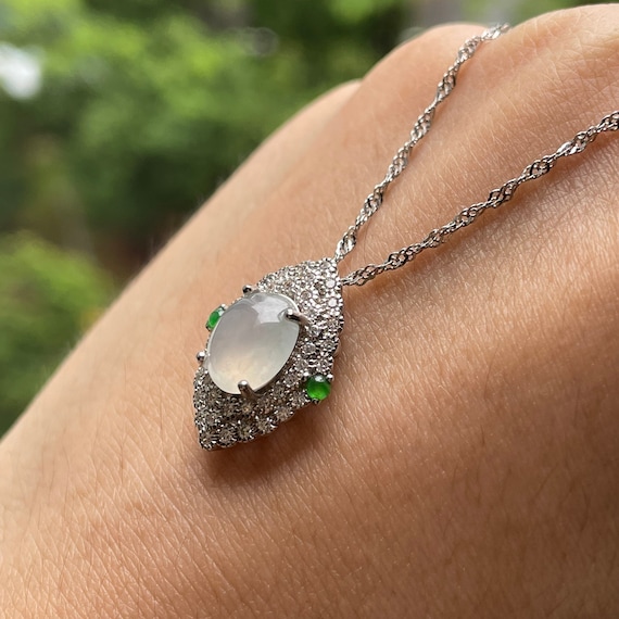 Translucent Icy Jade Pendant with 925 silver and cubic zirconia - Natural Grade A Burmese Jadeite Authentic Icy Jade Cabochons