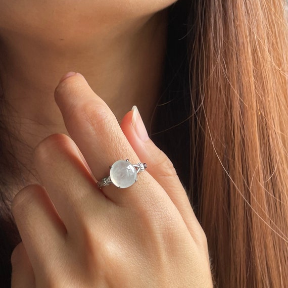 Fine Quality Icy Jadeite Cabochon Adjustable Ring - Natural Burmese Jadeite Grade A with 925 SILVER