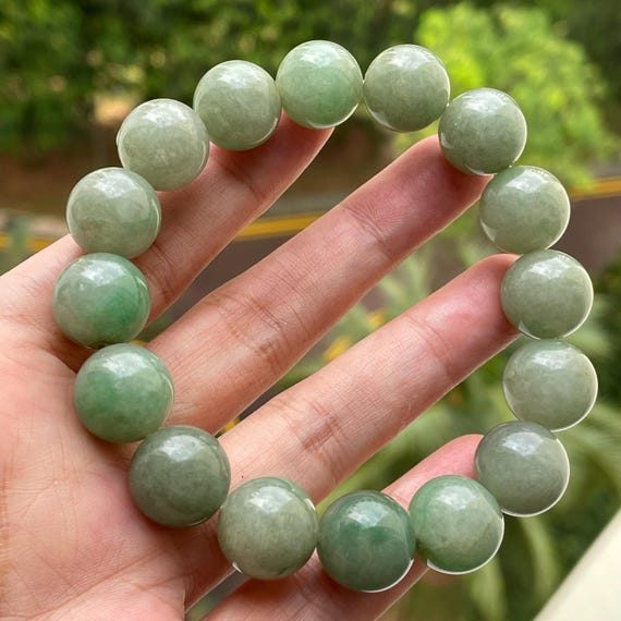 Green Jade bead bracelet 13mm - Natural Type A Genuine Burmese Jadeite 13mm Bead Bracelet Jade Bracelet 18cm inner circumference