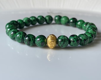 Jade Bead Bracelet 7mm Natural Jade Authentic Burmese Jade Bracelet with Six Character Mantra 999 Gold Bead