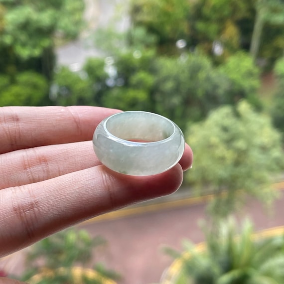 Jade Ring US9.5 Translucent Green  - Natural Jadeite Type A Burmese Jade Grade A broad band ring