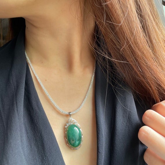 Rare Elegant Big Oval Green Jadeite Cabochon Pendant - Authentic Natural Type A Myanmar Jadeite Jade 925 Silver Jewelry