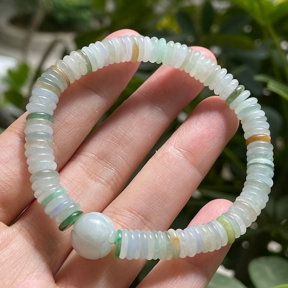 Jade Bracelet Translucent Coin Beads with Central Queen Round Bead - Natural Burmese Jadeite Type A Jade Disc Bracelet Jade Bracelet