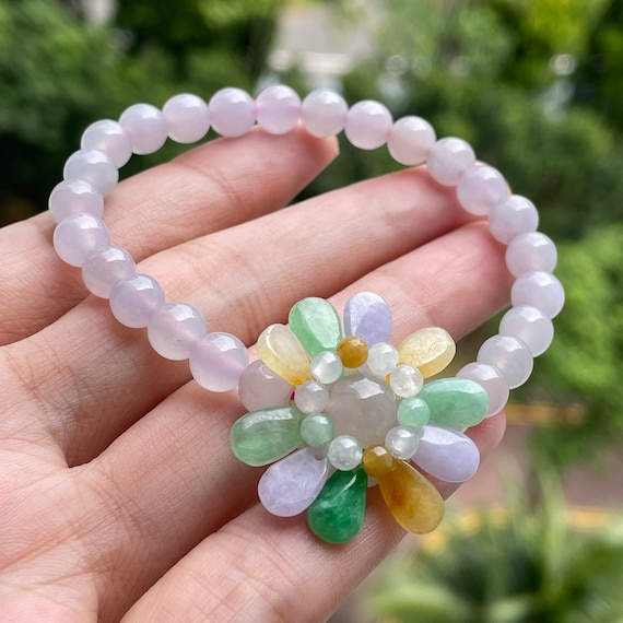 Floral jade bracelet Lace Pink Fine Quality Translucent Jadeite bead bracelet - 100% Natural Type A Myanmar(Burma) Jadeite Gems Jewelry