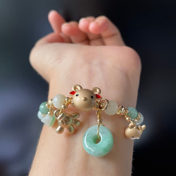 Chinese Zodiac Goat 14K plated adjustable multi charms bracelet - Natural Jadeite beads Charms Perfect Gift Jade Bracelet Jadeite Bracelet