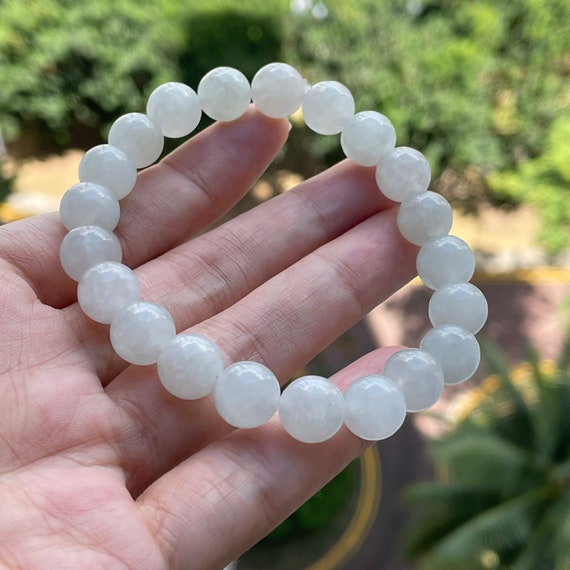 White Jadeite bead bracelet - Authentic Natural Burmese Jadeite Jade Type A Translucent White 9mm+ bead White Jade Bracelet