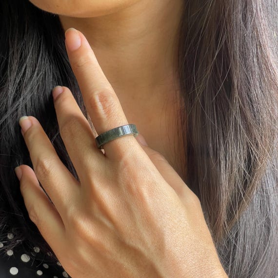 US6.75 Translucent Jadeite ring Type A BURMESE Jade band Ring Authentic Translucent Black Chicken Variety with green hue