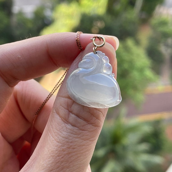 Jade Swam Charm Pendant - Genuine  Burmese Type A Jadeite Fine Quality High Translucent White Jade 18K gold clasp Charm Pendant