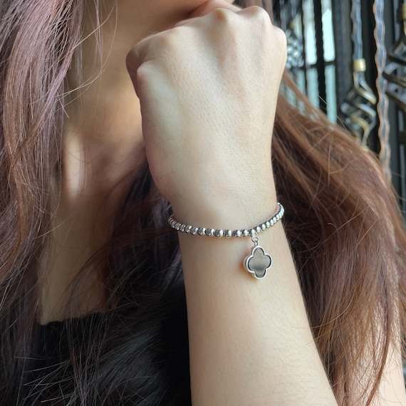 Black Jade 925 Silver Chain Bracelet- 100% Natural Type A/ Grade A Burma Jadeite Black Jade Clover Charm bracelet
