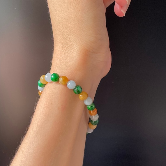Jadeite Bead Bracelet 6mm bead Natural Myanmar Jade Authentic Translucent Tricolor Rainbow Corn Burmese Jade Beads Bracelet