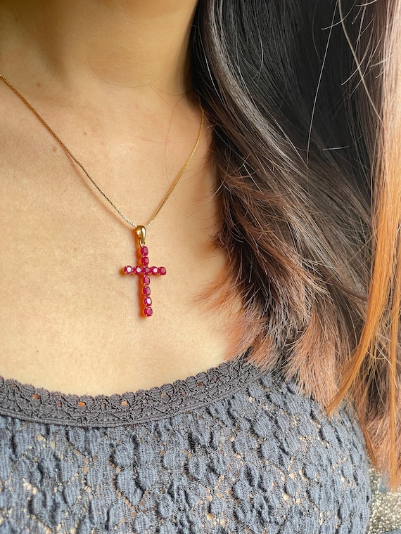 Burmese Ruby Pendant with 18K Solid Yellow Gold - Authentic Unheated Natural Ruby, Burmese  Mogok Ruby Jewelry Ruby Cross Pendant