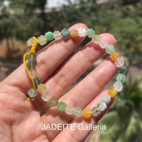 Natural Jade Bead Bracelet 5mm clover bead - BURMESE Jadeite Authentic Natural Multicolor Translucent Jade Bracelet Adjustsble width