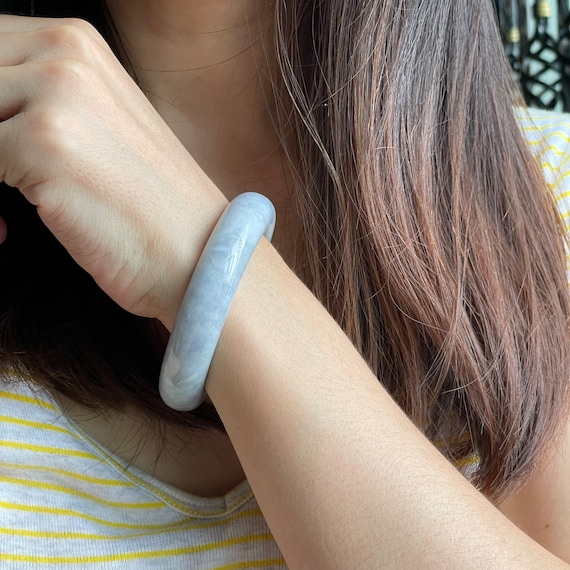 Lavender Jade Bangle 59mm- Yam Color with Floating White Cotton Genuine Natural Jadeite Bangle