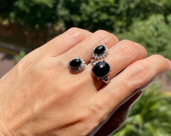 Black Jade Ring & Earring Sets Natural Jadeite Silver Ring Black Jade Ring & Earring Sets Natural Jadeite Silver Ring