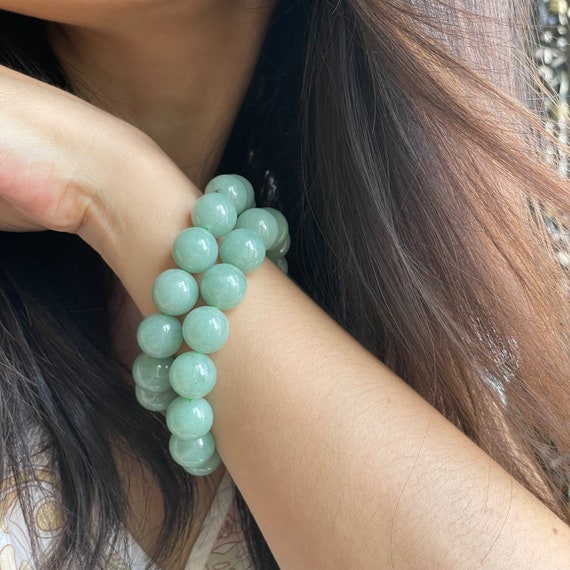 Two Jade bracelets couple set - Natural Jadeite 13mm jade bead bracelet, Burmese  Jadeite Grade A Authentic