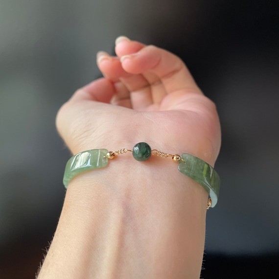 14K plated Translucent Natural  Green Jadeite Bracelet - 100% Natural Type A/ Grade A Burma Jadeite Beautiful Green Burmese Gems Bracelet
