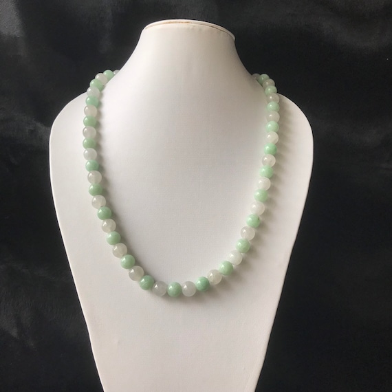8.5~9mm Jadeite Bead Necklace White + Faint Green 100% Authentic Burmese Natural Jadeite Jade Grade A